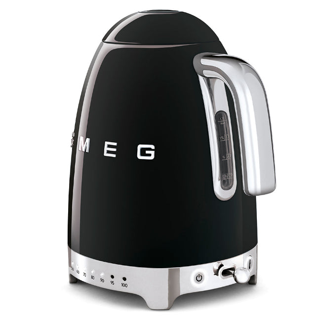 Black Smeg electric kettle with silver accents on a white background