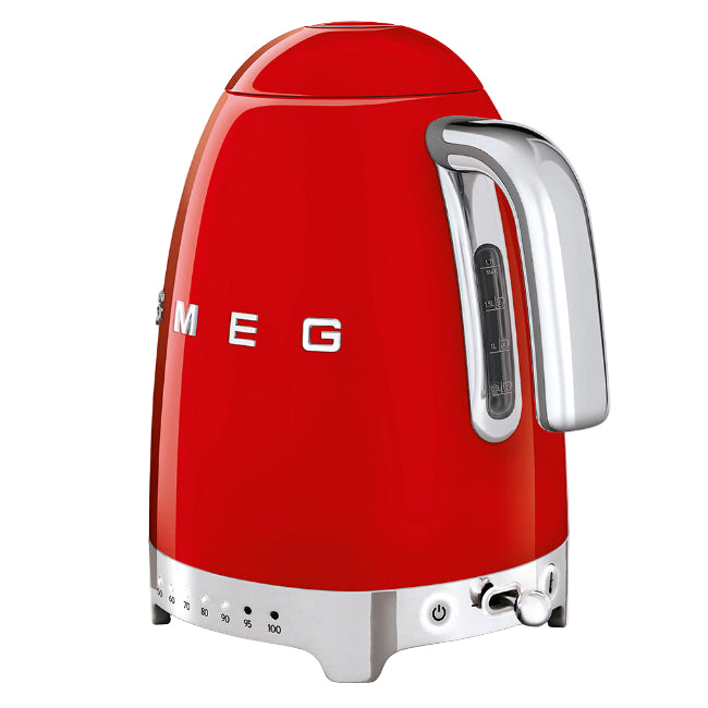 Red kettle with silver handle and control panel on a white background
