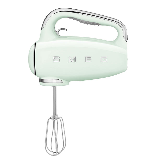 Mint green hand mixer with 'Smeg' branding on a white background