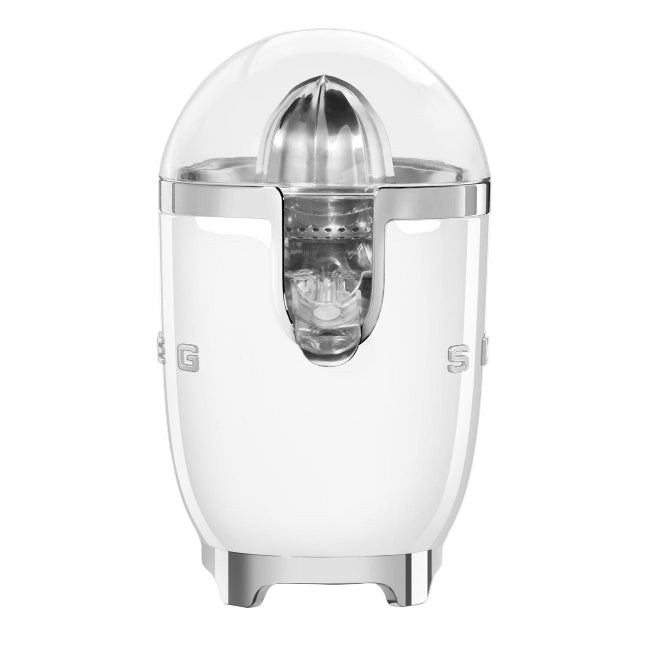 White and silver citrus juicer on a white background