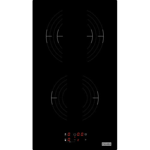 Black induction cooktop with digital display on a white background