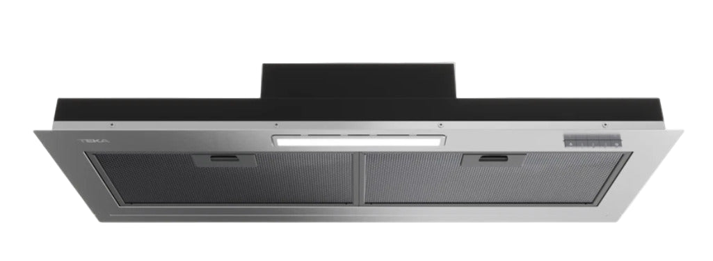Stainless steel range hood on a white background