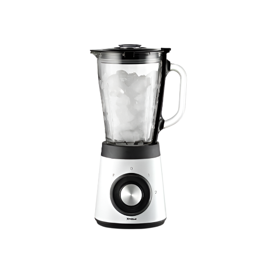Blender with a clear container filled with ice cubes on a white background