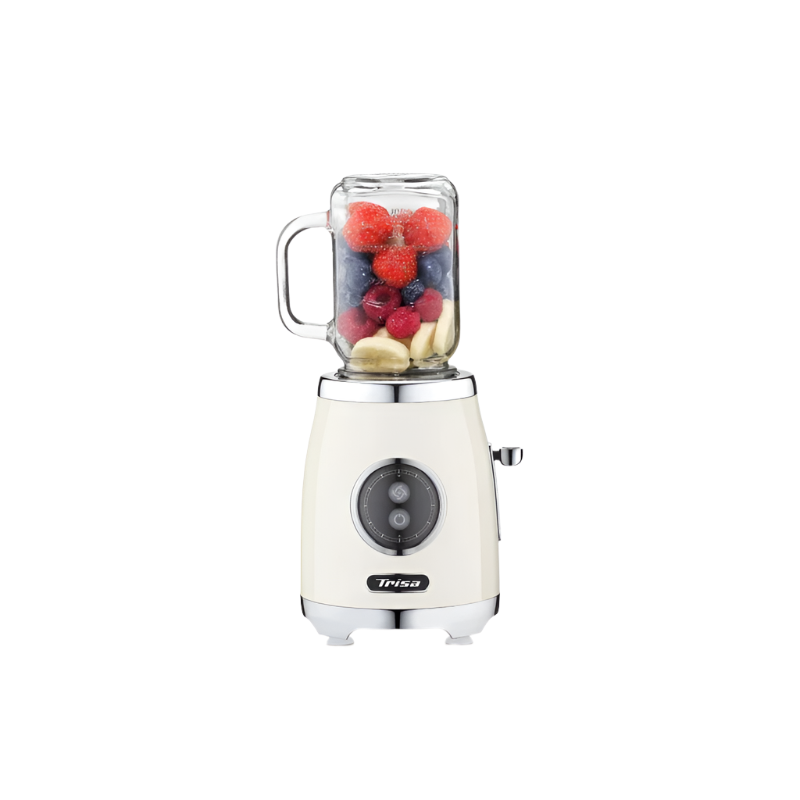 Blender with a glass container filled with fruits on a white background