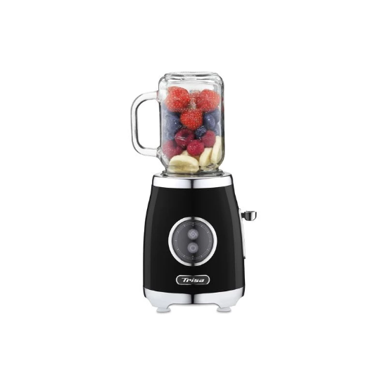 Black blender with a glass container filled with fruits on a white background