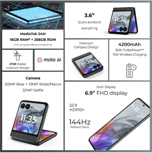 Foldable smartphone with specifications displayed on a white background