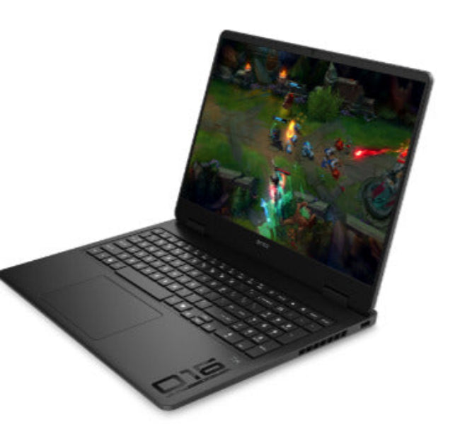 A black gaming laptop shown open at an angle, displaying a colorful video game scene on its screen against a plain white background.