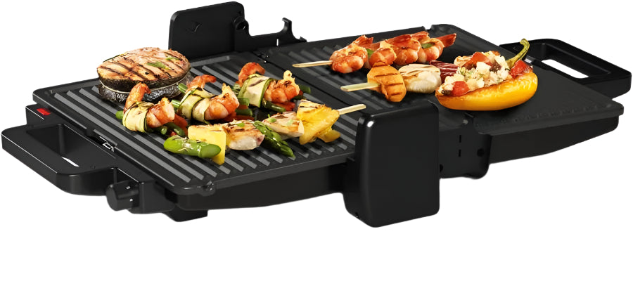 Electric grill with food on a white background