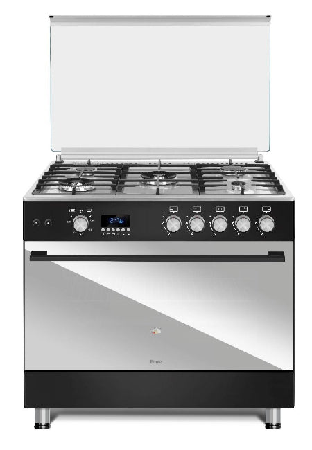Stainless steel gas range with digital display on a white background