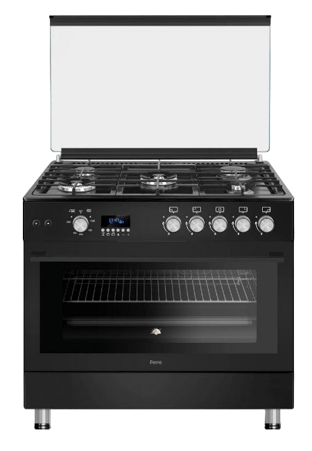 Ferre Gas Oven Full Safety, Digital Timer, 2Fan, 90*60 Cm, 2Turbo, 3Normal Burners, Black