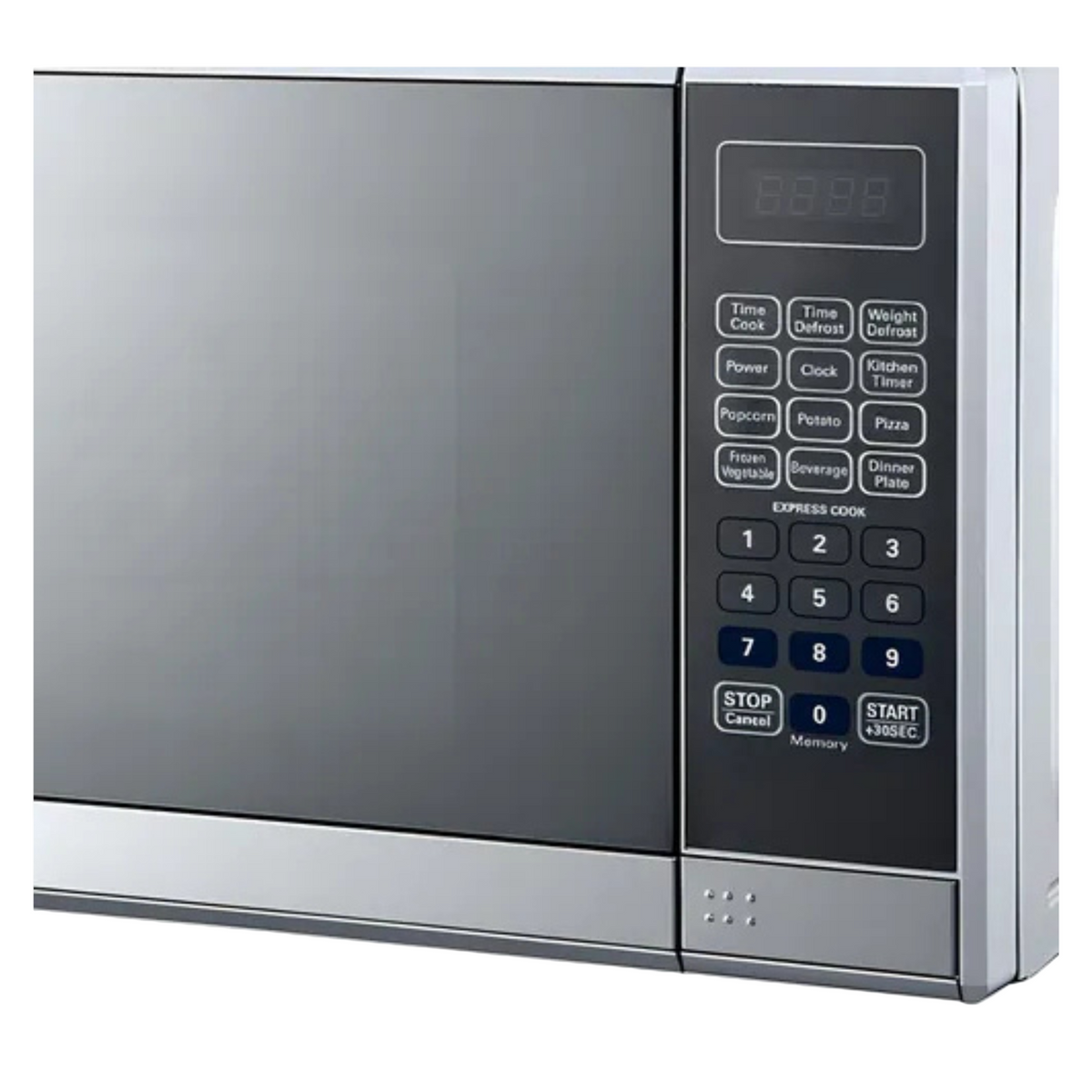 Stainless steel microwave oven with digital control panel on a white background