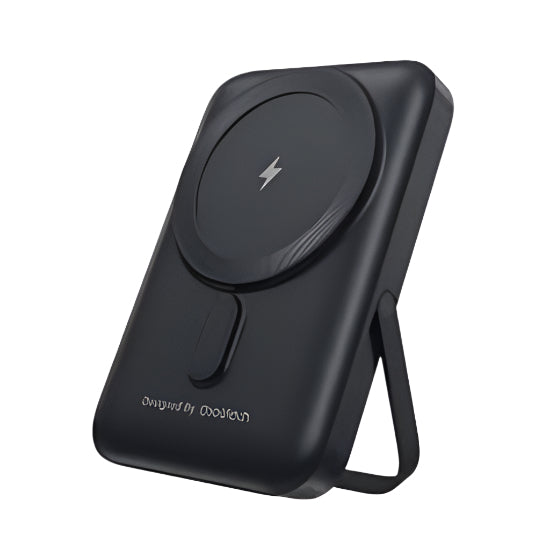 A black CHOETECH power bank with a magnetic stand, displaying the brand's logo on the front and a lightning bolt symbol indicating charging functionality.