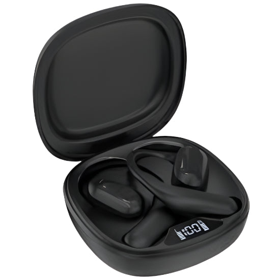 Black wireless earbuds in an open case on a white background