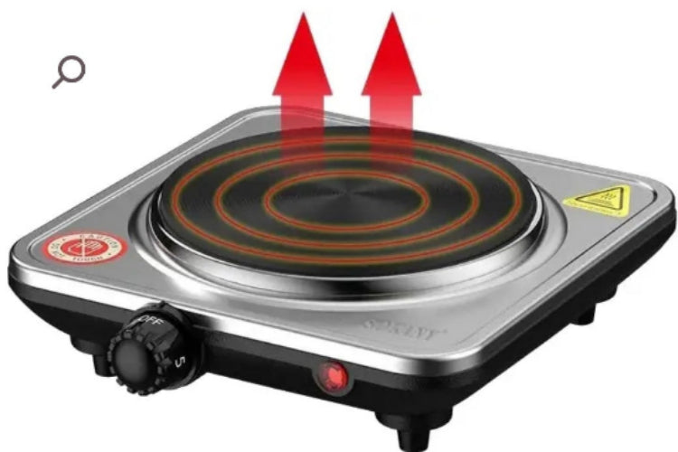 Portable electric stove with heating element and red arrows indicating heat, on a white background.