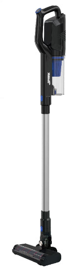Black and silver cordless vacuum cleaner on a white background