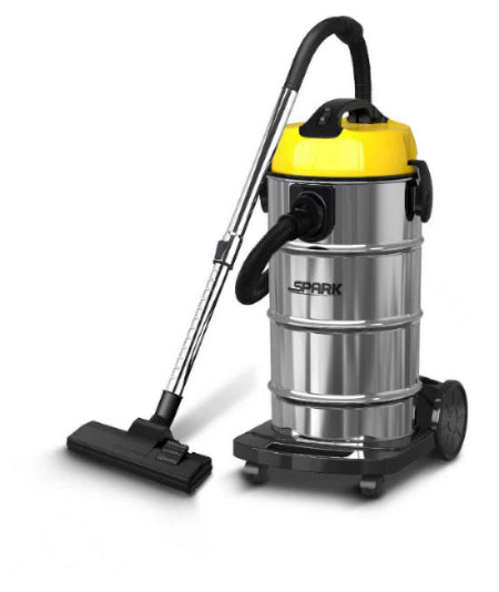 Vacuum cleaner with yellow top and silver body on a white background