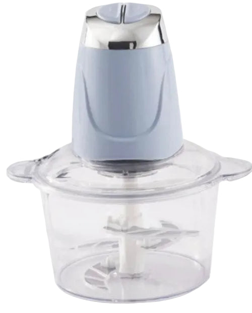 A Spark brand food chopper with a clear container and a blue top, including a blade attachment.