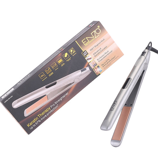 Silver hair straightener with packaging displaying ENZO branding on a white background