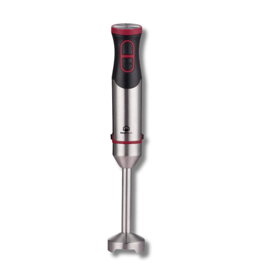A black and silver Home Electric hand blender with a stainless steel blending shaft and a black ergonomic handle with red accents.