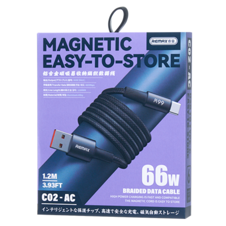 Remax Aluminium Alloy Magnetic Suction Data Cable, 1.2Mm, 66Watts, Black