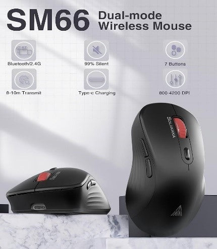 Solakaka Mouse Adjustable, Silent Dual Mode, Bluetooth, Rechargeable, Black