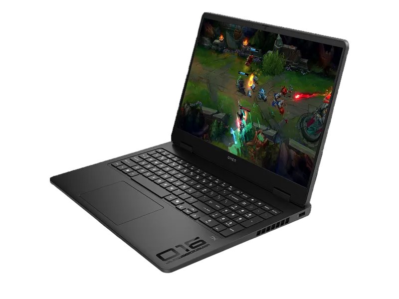 Black gaming laptop open on a white background