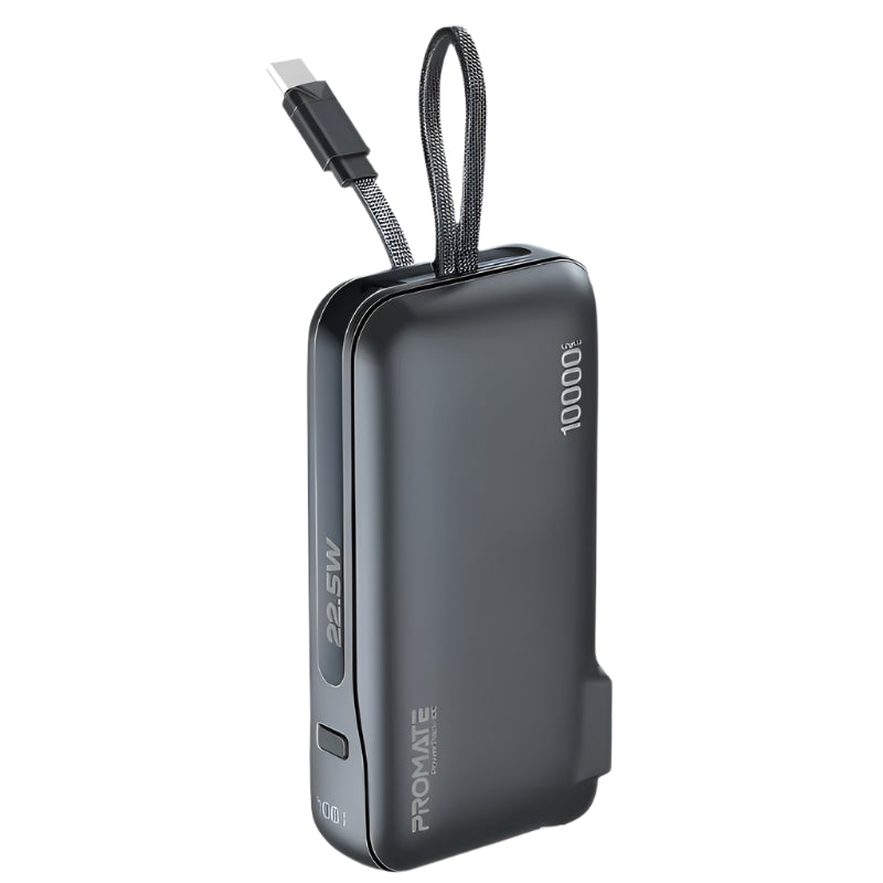 Promate Power Bank 10000Mah, 22.5Watts with 20Watts, Type-C Cable, Black