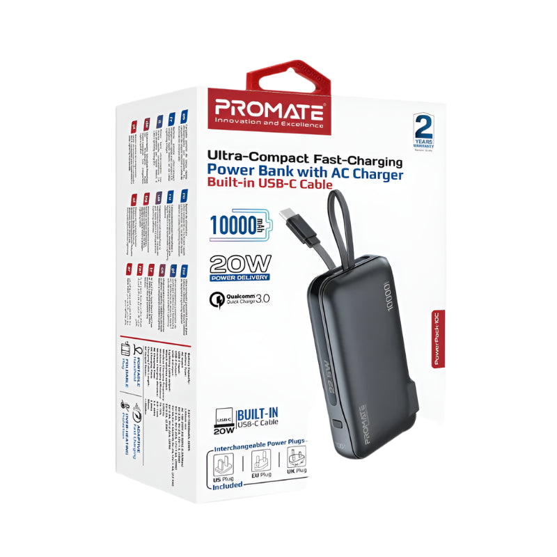 Promate Power Bank 10000Mah, 22.5Watts with 20Watts, Type-C Cable, Black