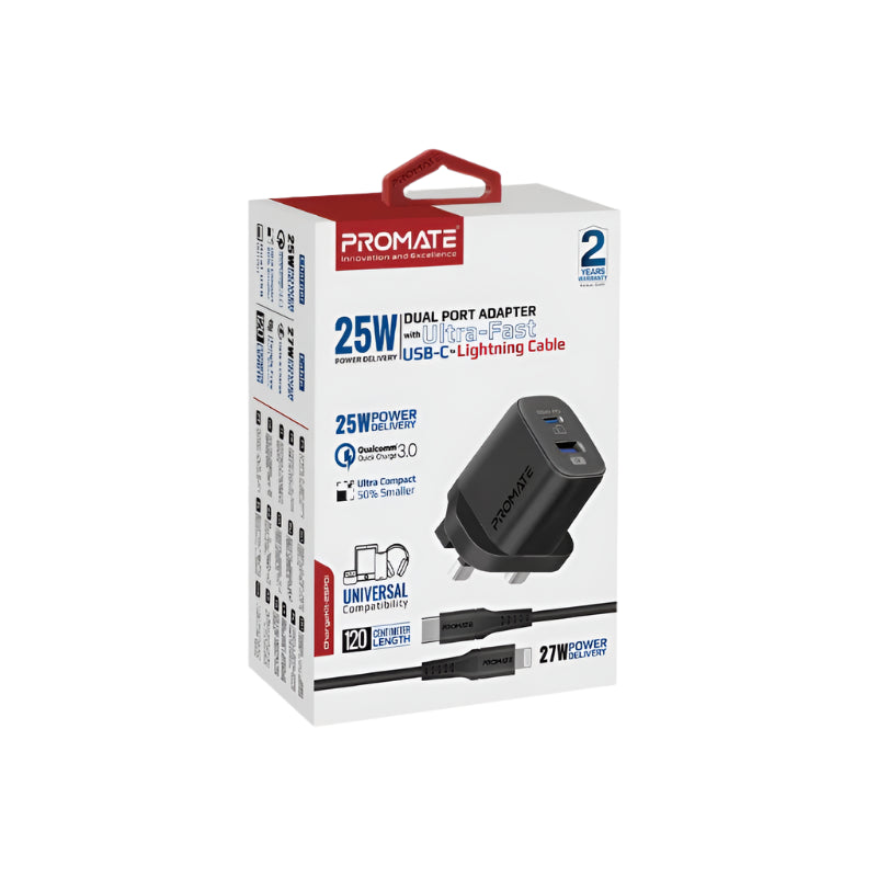 Promate Wall Charger, Type-C to Lightning, 1.2Mm, 25Watts, Black