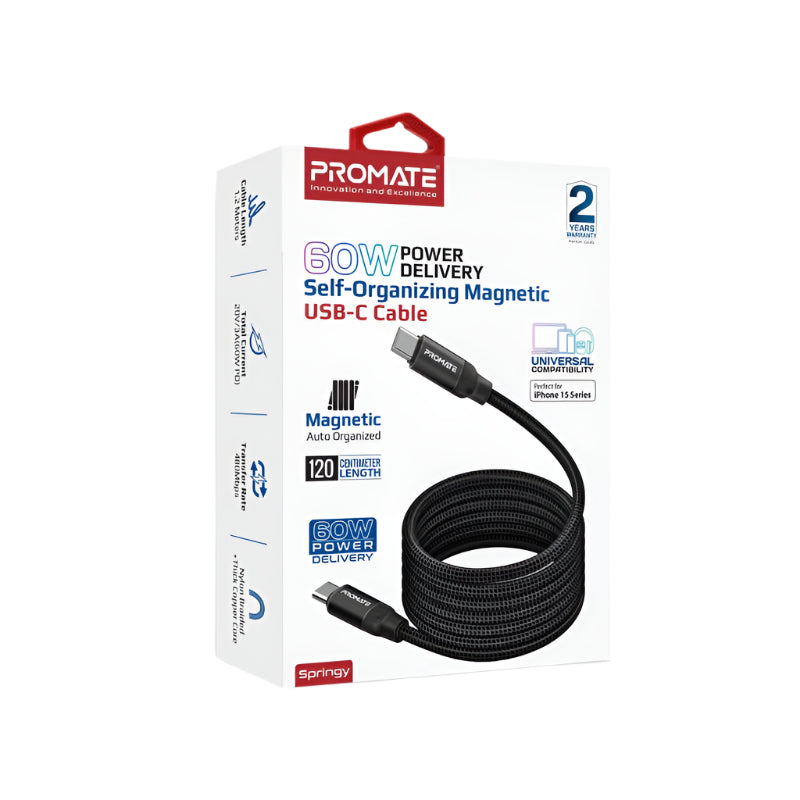Promate Magnetic Fast Charger Cable, Type-C to Type-C, 1.2Mm, 60Watts, Black