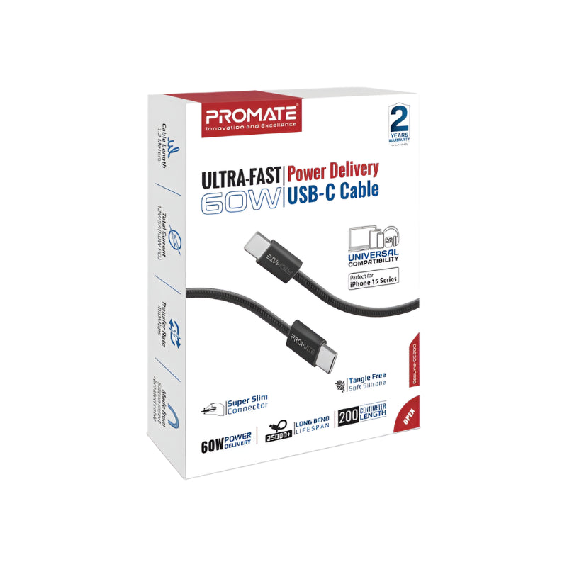 Promate Ultra Fast Charger Cable, Type-C to Type-C, 2Mm, 60Watts, Black