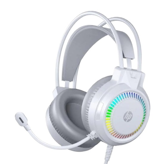 HP white gaming headset with multicolor RGB lighting, over-ear design, with a noise-canceling microphone and USB connectivity.
