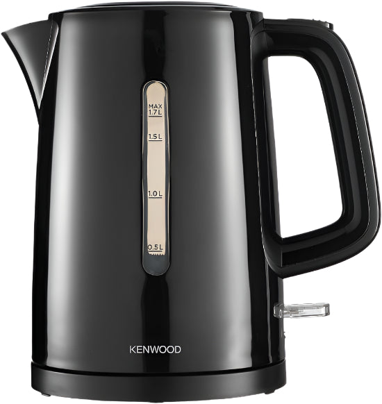 Black Kenwood kettle with measurement scale on a white background