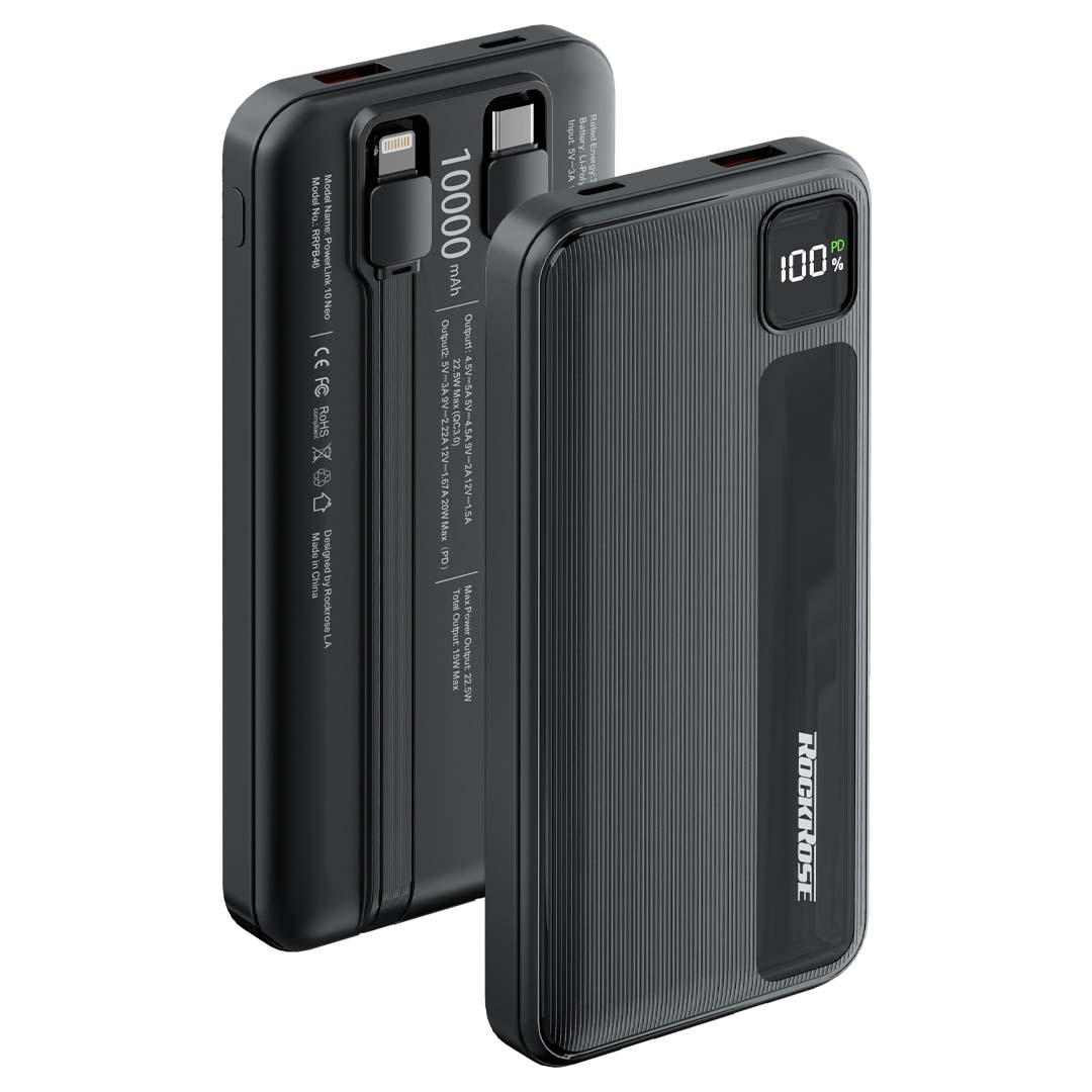 Rockrose Power Bank 20 Neo, 20Watts PD & 22.5Watts, Quick Charge, 10000Mah, Black