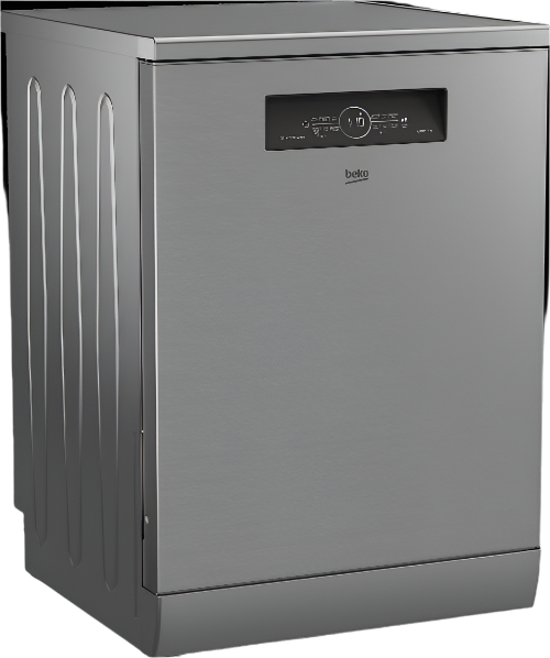 Gray dishwasher with a visible brand logo on a white background