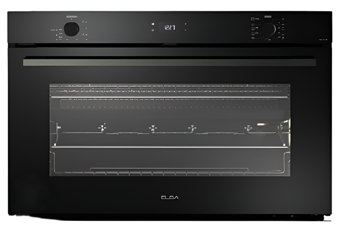 Black oven with digital display on a white background