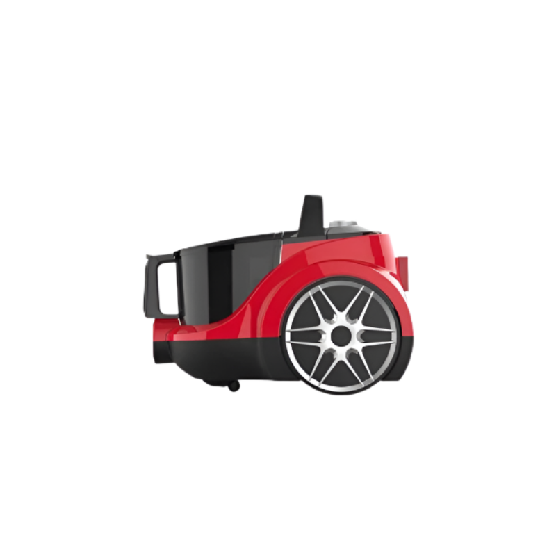 Red and black robot vacuum cleaner on a white background