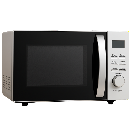 Silver and black microwave oven on a white background