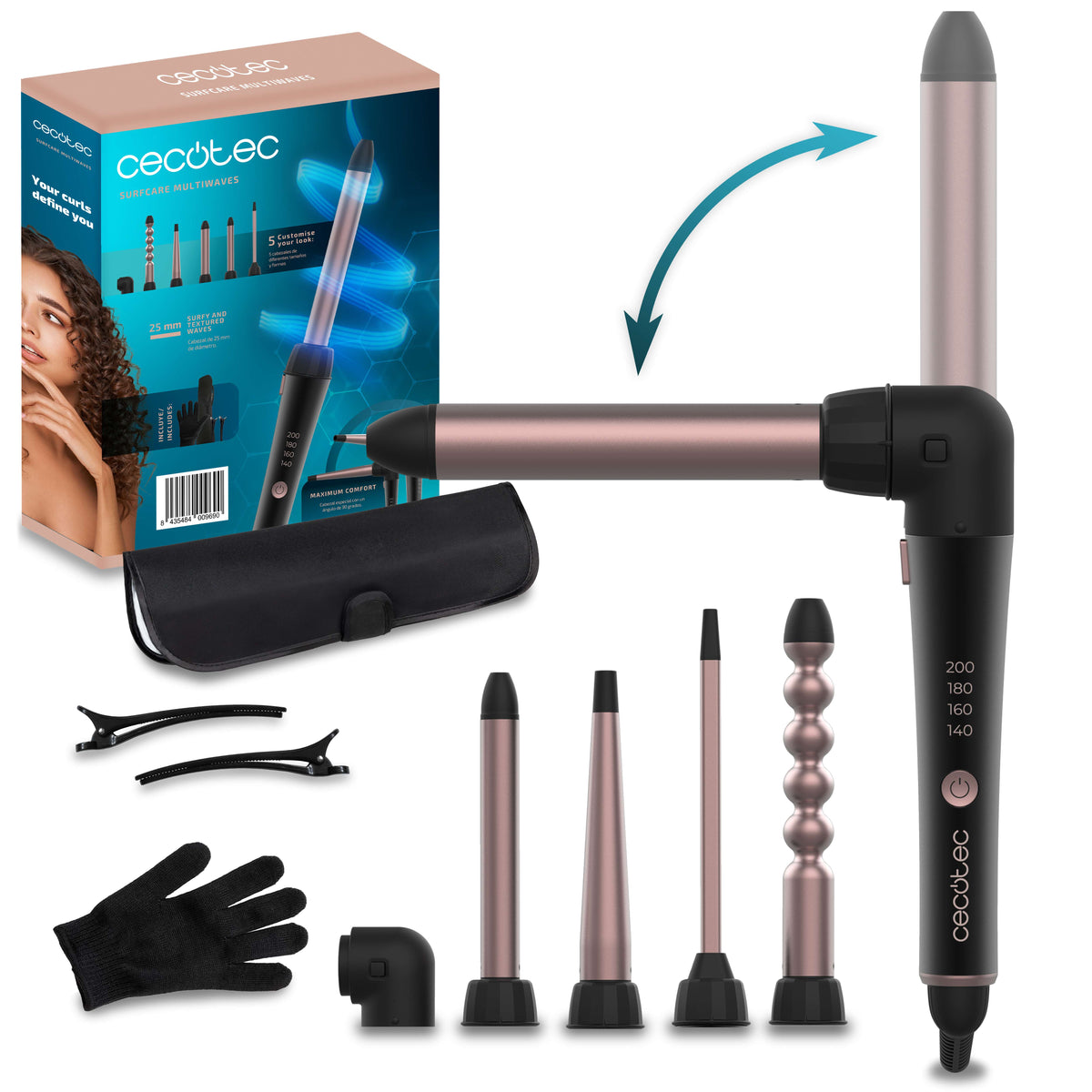 Cecotec Surf Care Multi Waves, Ceramic straightener, 8 in 1, 80Watts, Black