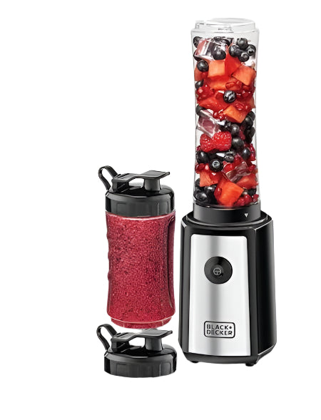Black+Decker portable blender with a container filled with fruits and a filled smoothie on a white background