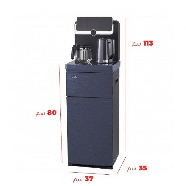 Coffee machine with dimensions labeled on a white background