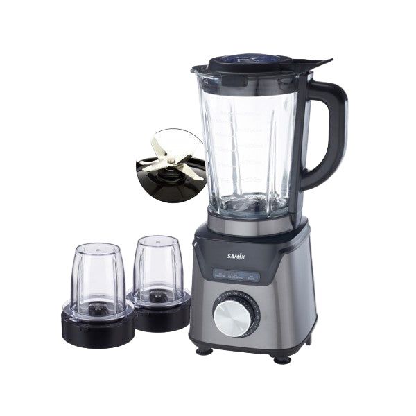 Blender with attachments on a white background