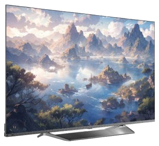 TV displaying a scenic landscape with mountains and water on the screen