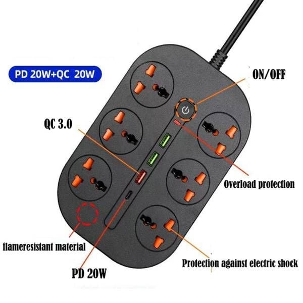 T21-2m / Power Socket- 6 AC AUTO MAX 4.2A 3000W/ cable 2m SOCKETS / Black