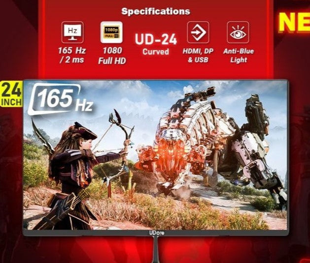 UDORE monitor with gaming scene and specifications on a red background