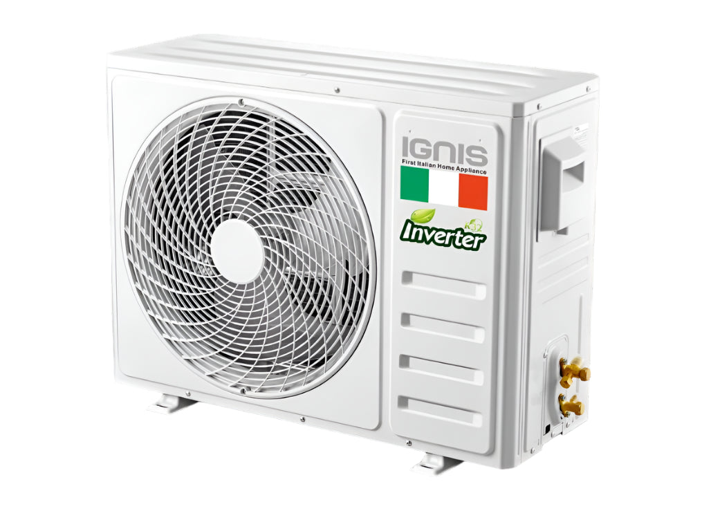 White air conditioning unit with 'IGNIS' branding on a black background