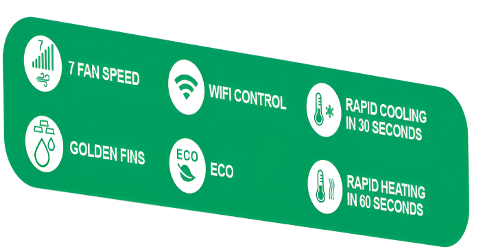 Green label with various icons and text on a white background