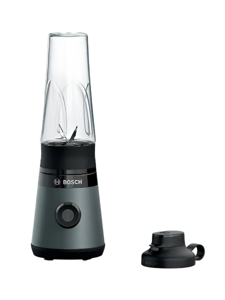 Bosch portable blender with a clear container on a white background