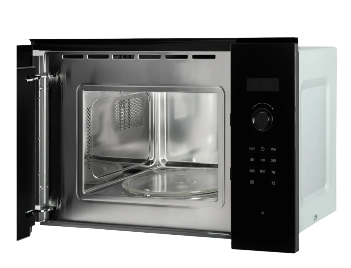 Stainless steel microwave oven with open door on a white background