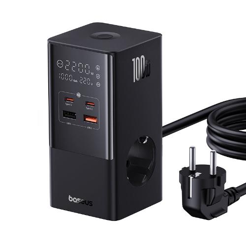 Baseus Power Combo Tower Power Strip 2C, 100Watts, 1.5M, Cluster Black
